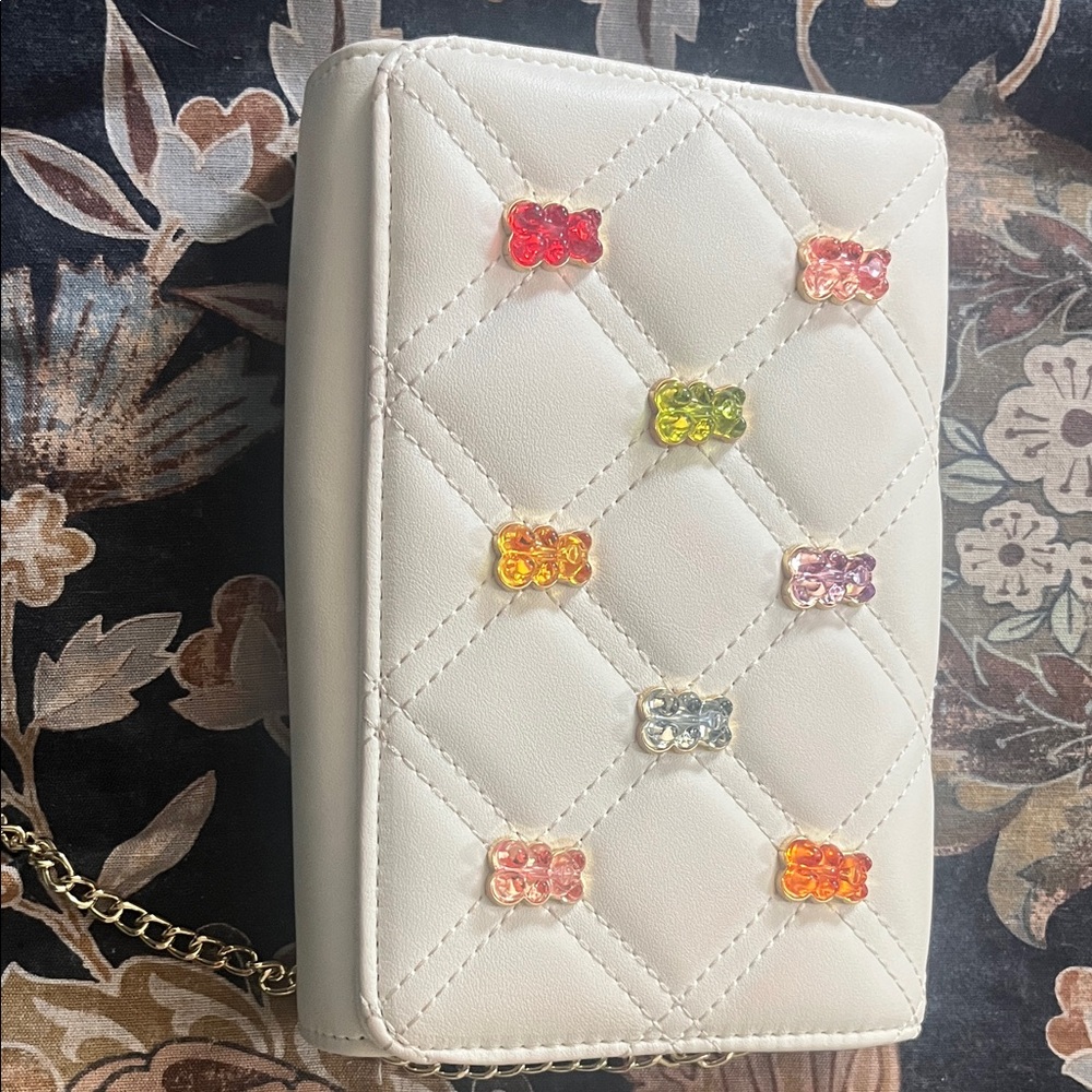 Betsey Johnson Quilted White Crossbody Bag with Colorful Bear Details